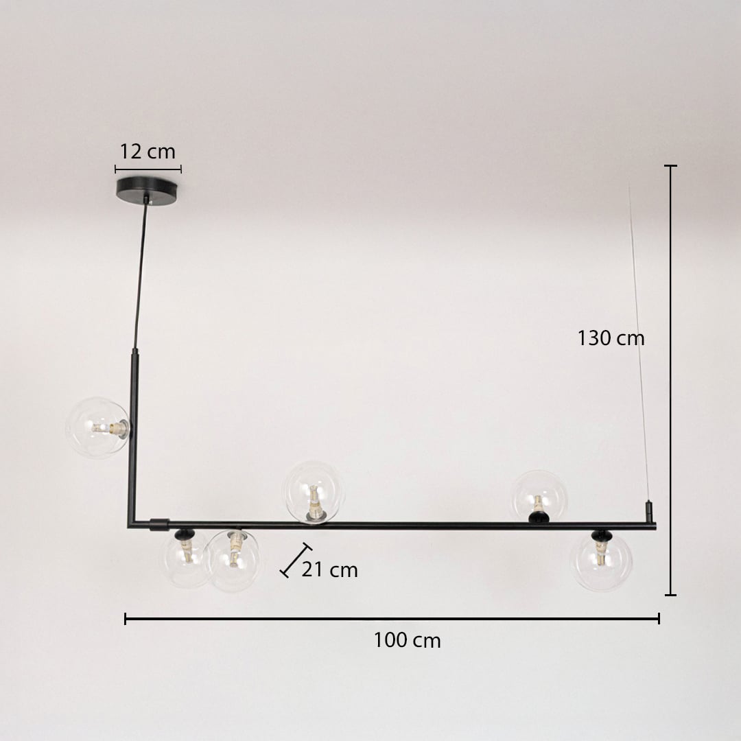Black linear chandelier with clear glass globes shown with 100 cm width and 130 cm height for size reference.