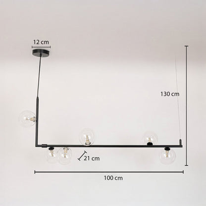 Black linear chandelier with clear glass globes shown with 100 cm width and 130 cm height for size reference.