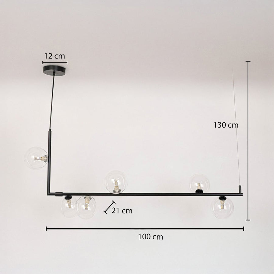 Black linear chandelier with clear glass globes shown with 100 cm width and 130 cm height for size reference.