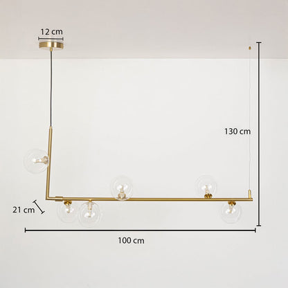 Gold linear chandelier with clear glass globes shown with 100 cm width and 130 cm height for accurate size reference.