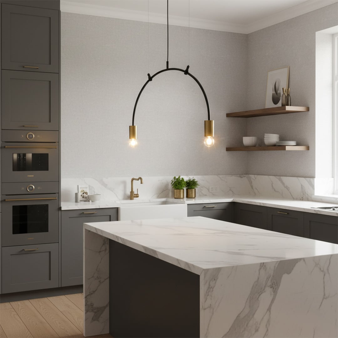 Modern pendant linear light with curved black metal frame and dual metal bulb holders creating warm ambient lighting that enhances stylish contemporary interior home decor settings.