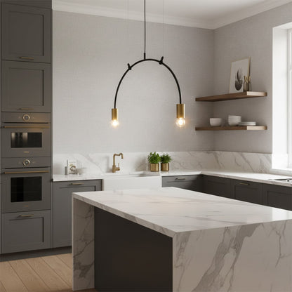 Modern pendant linear light with curved black metal frame and dual metal bulb holders creating warm ambient lighting that enhances stylish contemporary interior home decor settings.