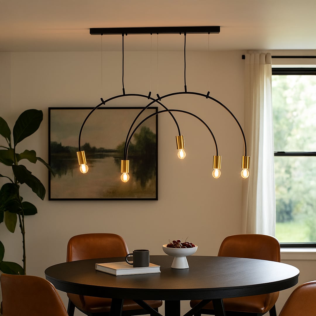 A modern black metal chandelier with gold holders glowing warmly above a round dining table creating a stylish contemporary ambience in a cozy home setting.