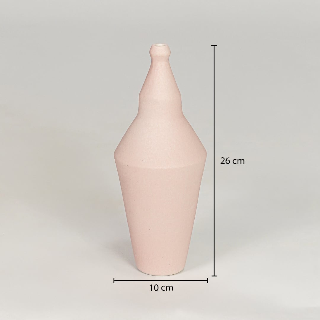 Pink ceramic decorative vase size 28 cm height 10 cm width modern flower vase for table console shelf styling.