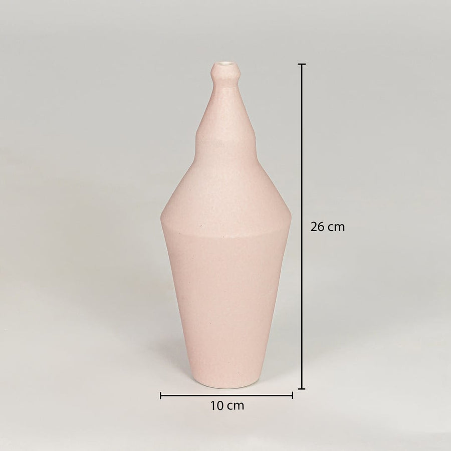 Pink ceramic decorative vase size 28 cm height 10 cm width modern flower vase for table console shelf styling.
