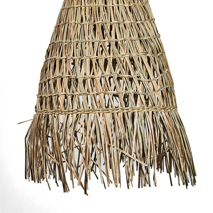 Rattan pendant light closeup focusing on layered weave pattern and fringe detailing creating artisanal boho ceiling lighting appeal.