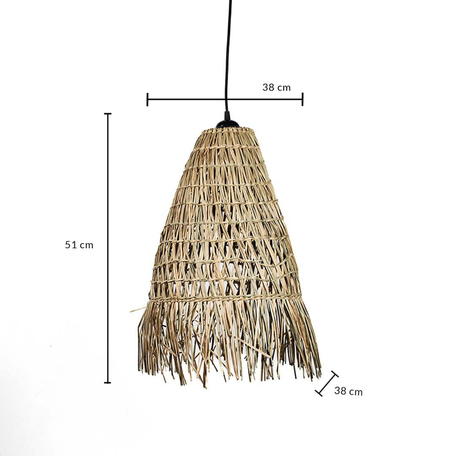 Rattan pendant light with conical woven shade and fringe displayed with 51 cm height and 38 cm width dimensions.