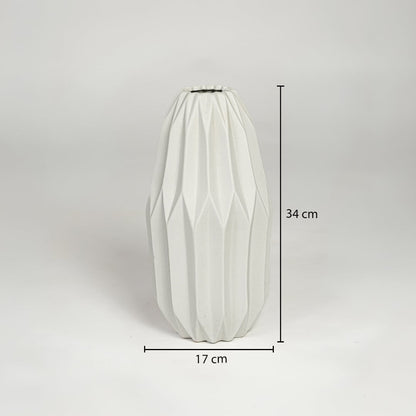 White ceramic flower vase measuring 34 cm height and 17 cm width perfect for tabletop or console decor placement.