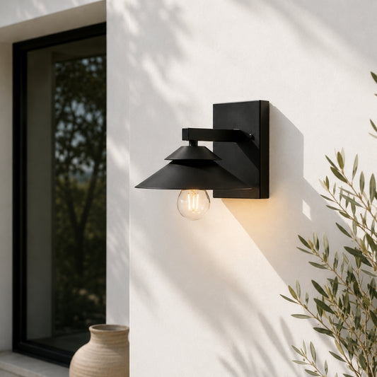 Modern black metal LED outdoor wall light for porch entrance balcony and exterior walls with warm ambient lighting.