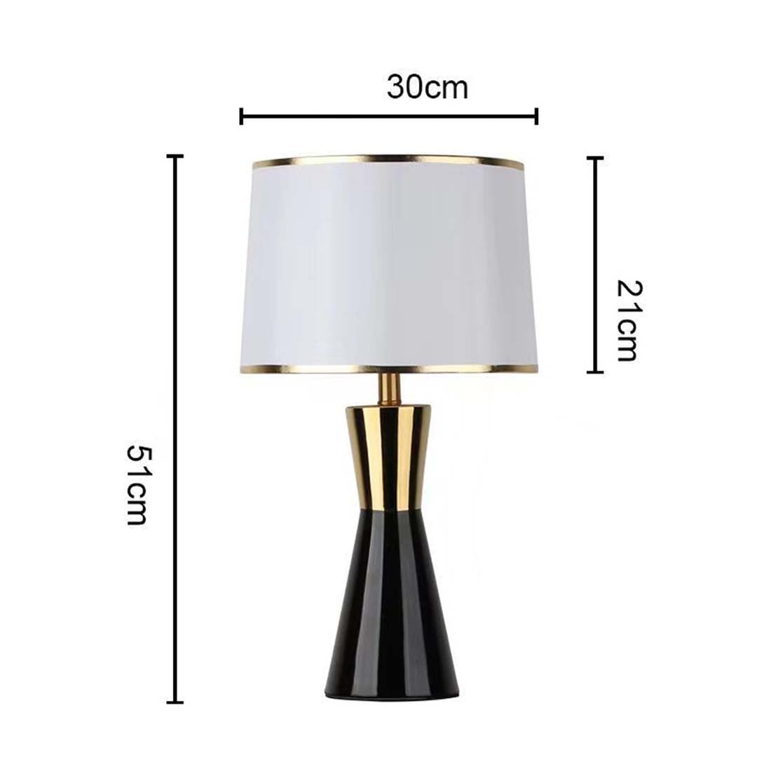 White shade black and gold tapered table lamp with size 63cm height and 30cm width on white background for modern stylish décor.