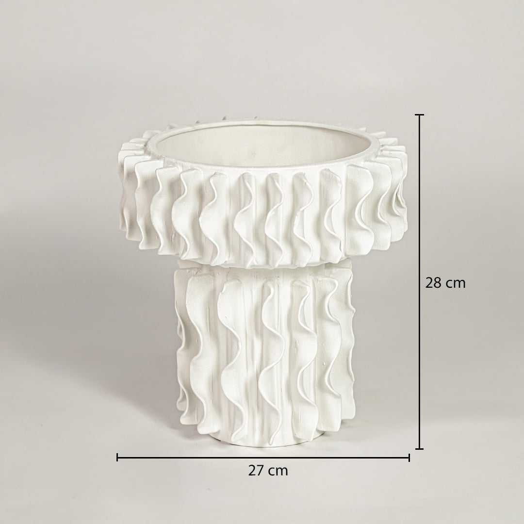 White ceramic frilled large vase measuring 28 cm height and 27 cm width ideal for modern tabletop decor placement.