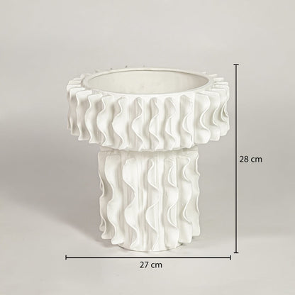 White ceramic frilled large vase measuring 28 cm height and 27 cm width ideal for modern tabletop decor placement.