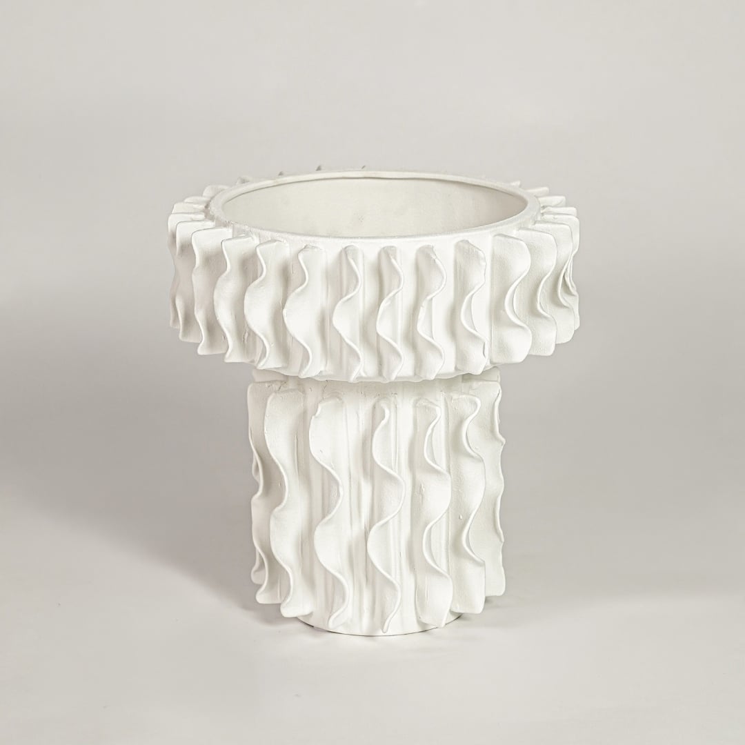 White ceramic frilled large vase with textured layered design isolated on clean white background for elegant home decor styling.