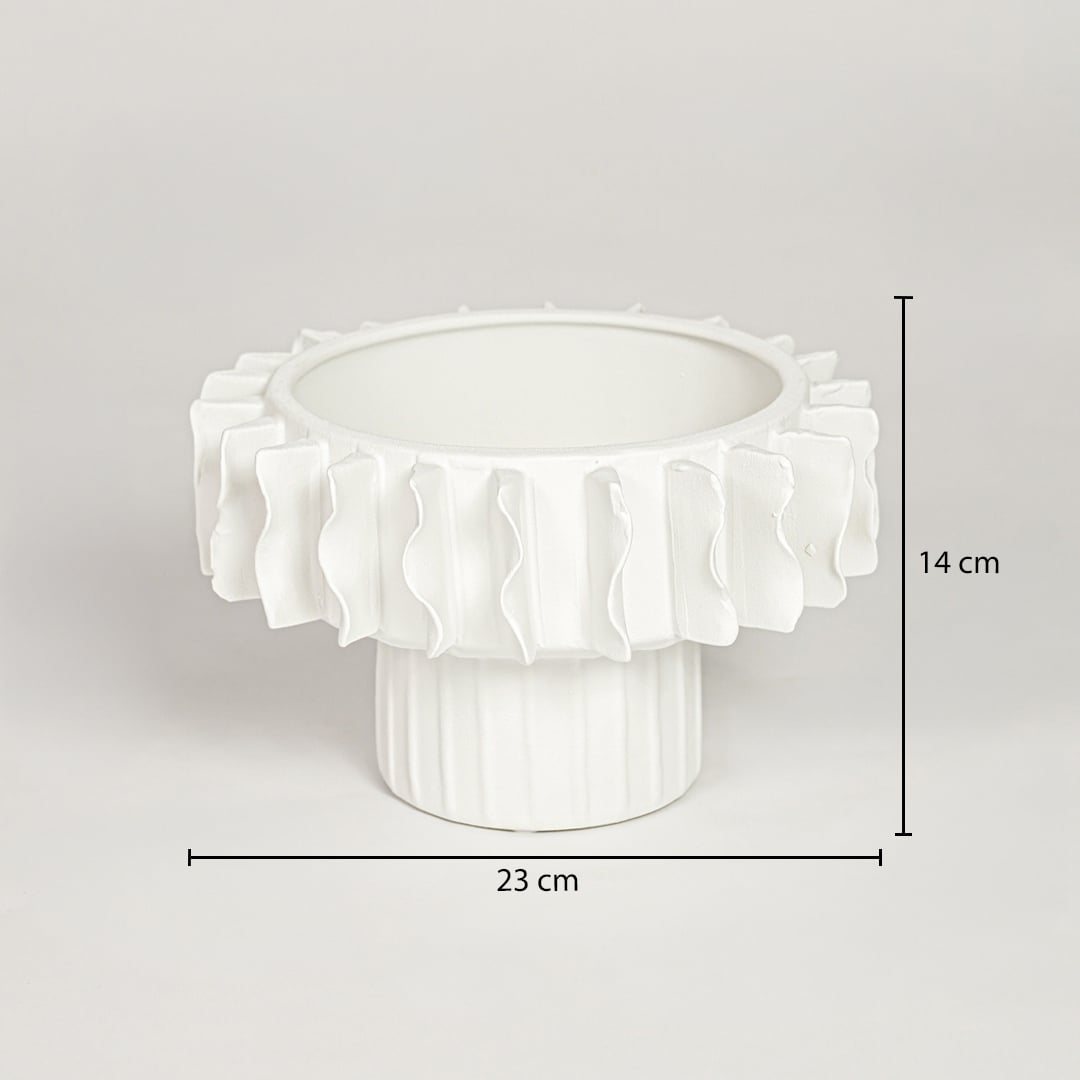 White ceramic frilled small vase measuring 14 cm height and 23 cm width perfect for tabletop decor display.
