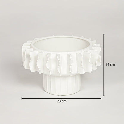 White ceramic frilled small vase measuring 14 cm height and 23 cm width perfect for tabletop decor display.