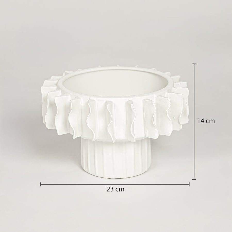 White ceramic frilled small vase measuring 14 cm height and 23 cm width perfect for tabletop decor display.
