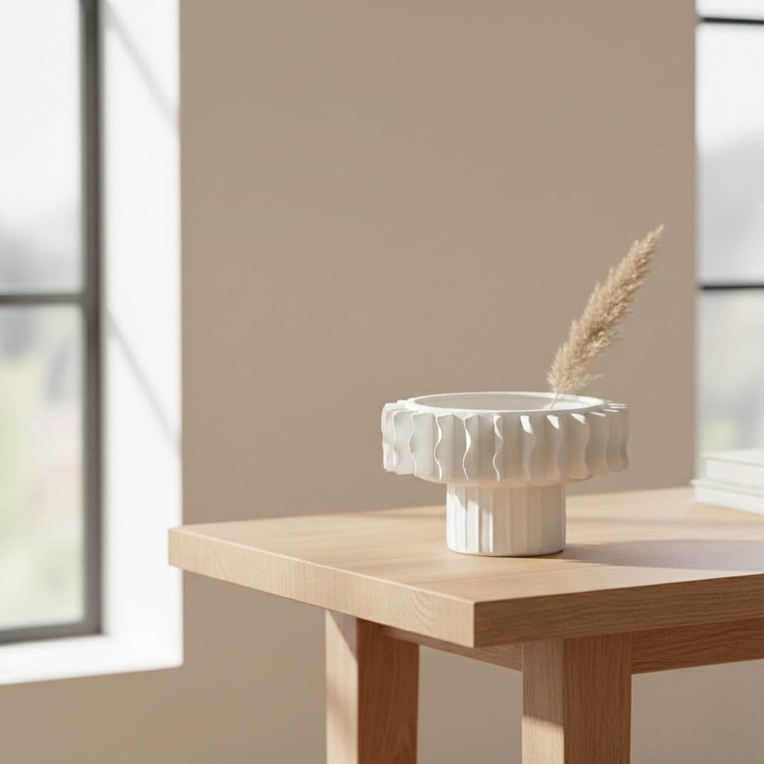 White ceramic bowl vase styled on living room console table adding minimalist charm to shelf or dining decor display.