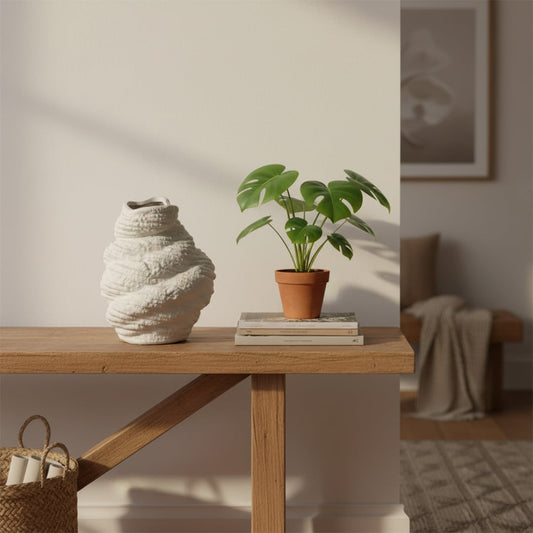 White textured ceramic decor vase styled on wooden console table with indoor plant creating warm modern living room accent.