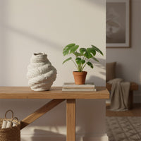 White textured ceramic decor vase styled on wooden console table with indoor plant creating warm modern living room accent.