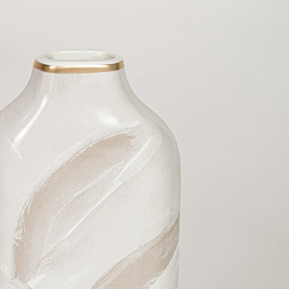 White ceramic decorative vase with elegant beige leaf pattern and gold rim perfect for dried floral display and interior decor.