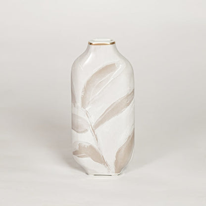 Modern white ceramic decorative vase with beige leaf artwork and gold rim ideal for console table shelf and stylish home decor.