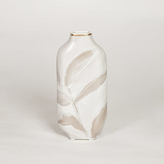 Modern white ceramic decorative vase with beige leaf artwork and gold rim ideal for console table shelf and stylish home decor.