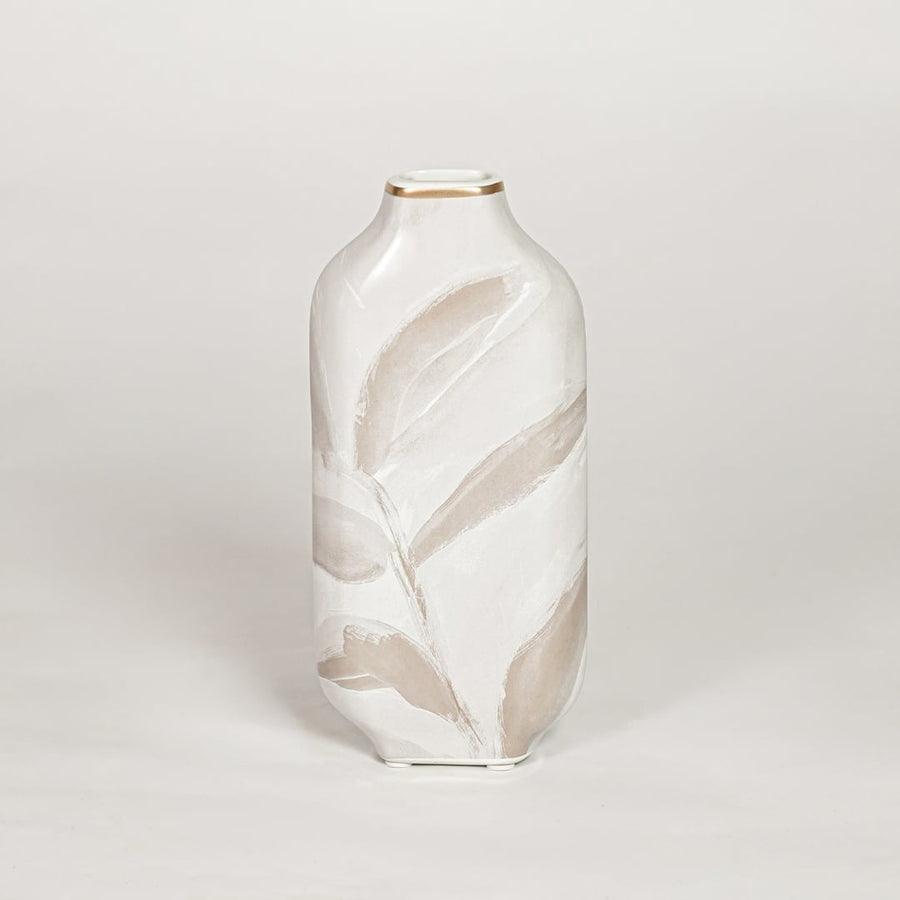 Modern white ceramic decorative vase with beige leaf artwork and gold rim ideal for console table shelf and stylish home decor.