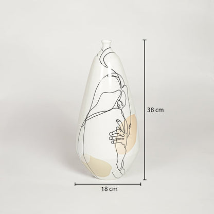 White ceramic artistic face vase measuring 38 cm height and 18 cm width perfect for contemporary home decor placement.
