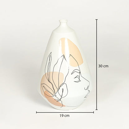 White ceramic art vase dimension image showing 30 cm height and 19 cm width decorative ceramic accent for table styling.