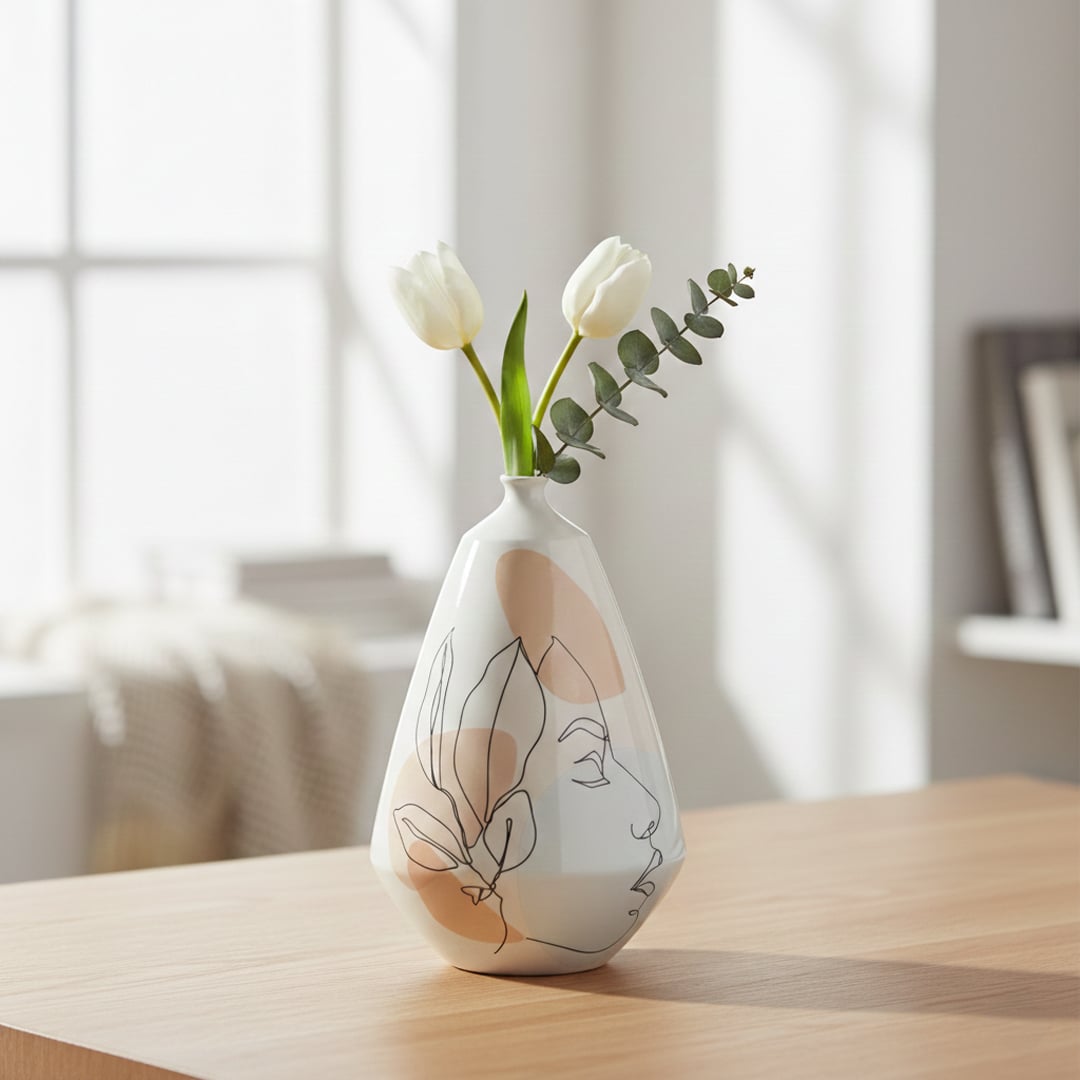 White ceramic art vase with abstract face design styled on console table modern decorative ceramic accent for living room.