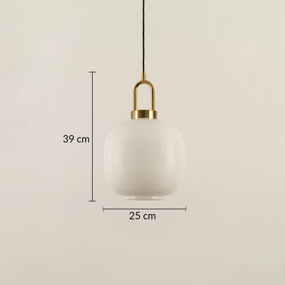 Dimension image of white glass pendant light with brass accents measuring 39 cm height and 25 cm width.