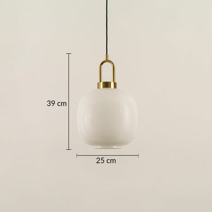 Dimension image of white glass pendant light with brass accents measuring 39 cm height and 25 cm width.