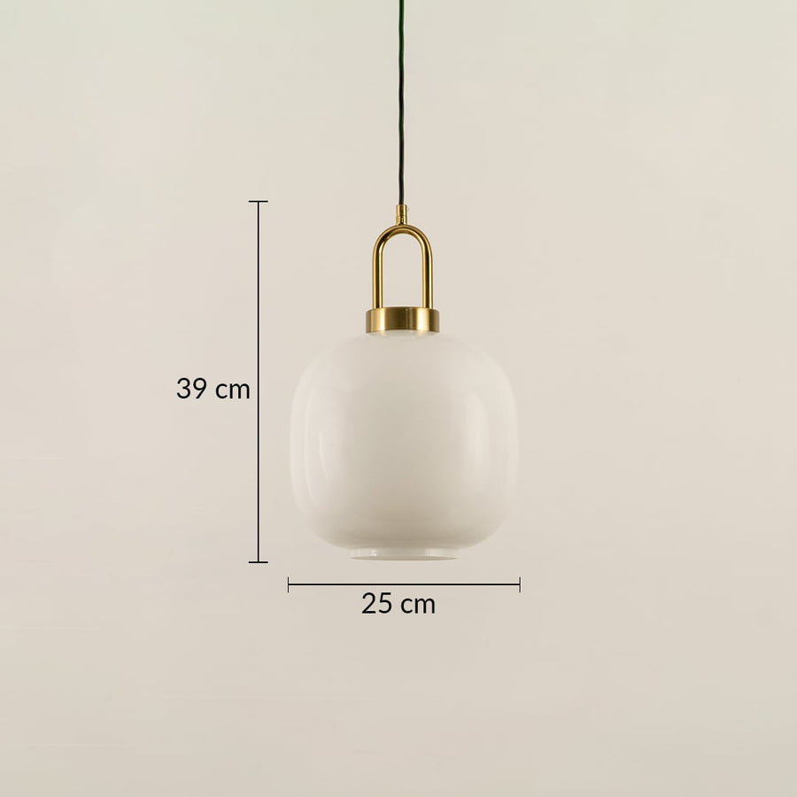 Dimension image of white glass pendant light with brass accents measuring 39 cm height and 25 cm width.