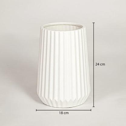 White shell ribbed ceramic vase measuring 24 cm height and 18 cm width ideal for contemporary home decor styling.