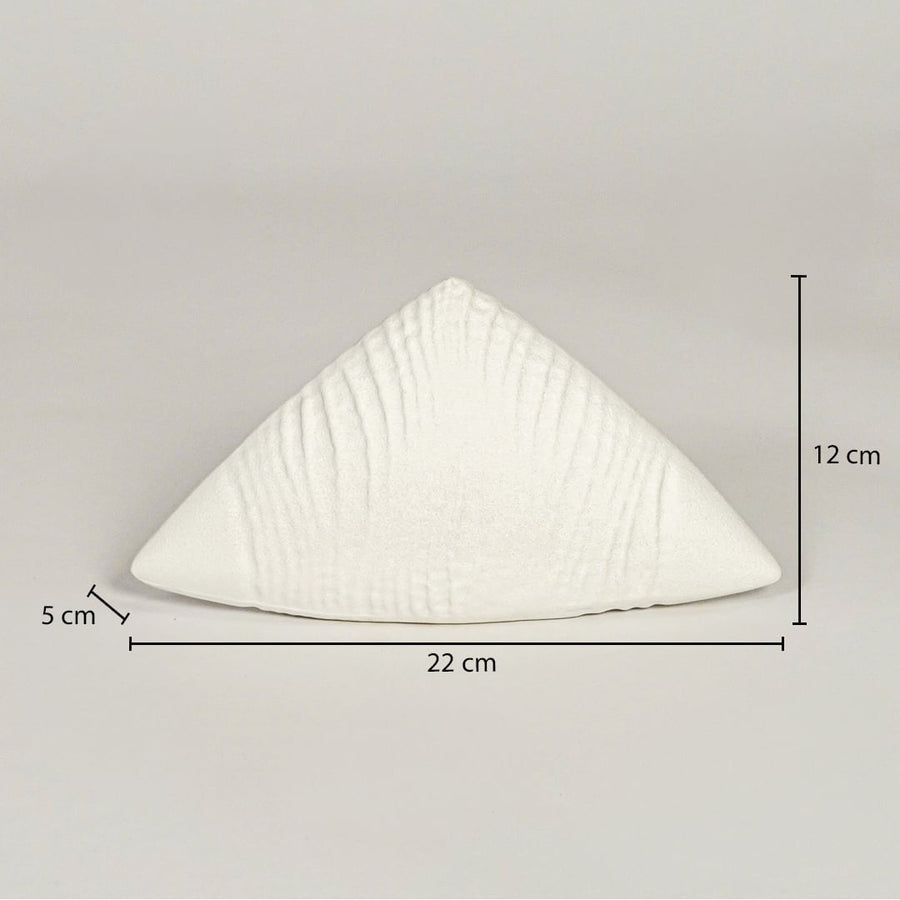 White ceramic decorative sculpture size 22 cm width 12 cm height 5 cm depth shown on dimension reference image.