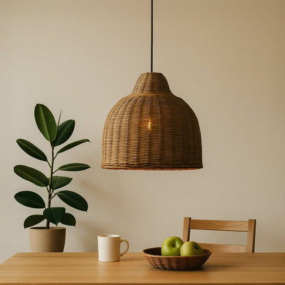 Handwoven brown rattan pendant light adding warm rustic elegance to modern living spaces.