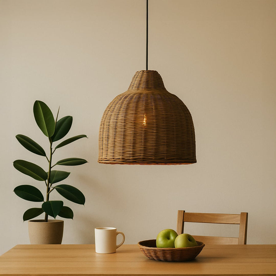 Handwoven brown rattan pendant light adding warm rustic elegance to modern living spaces.