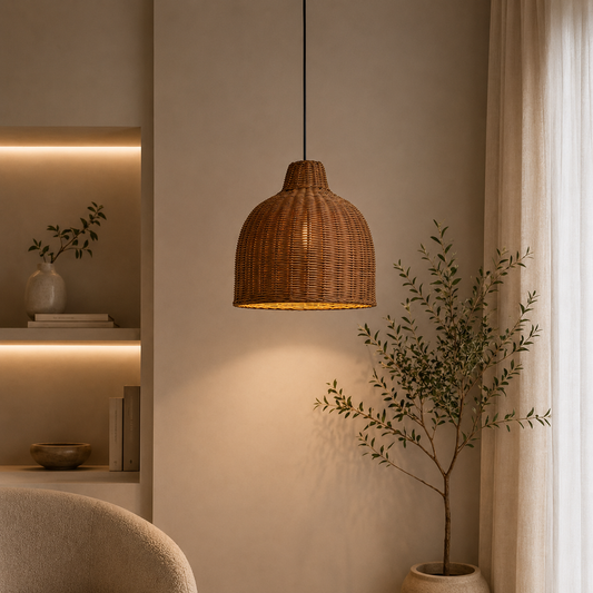 A woven rattan pendant light with a warm golden-yellow interior glow, hanging in a softly lit, minimalist room with a beige wall, built-in shelves, and a potted plant.