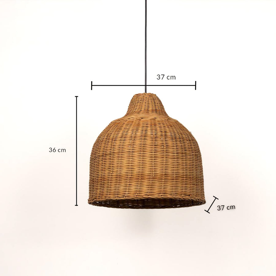 Dimension image of wide bell shaped brown rattan pendant light with tight wicker weave showing 36 cm height and 37 cm width.