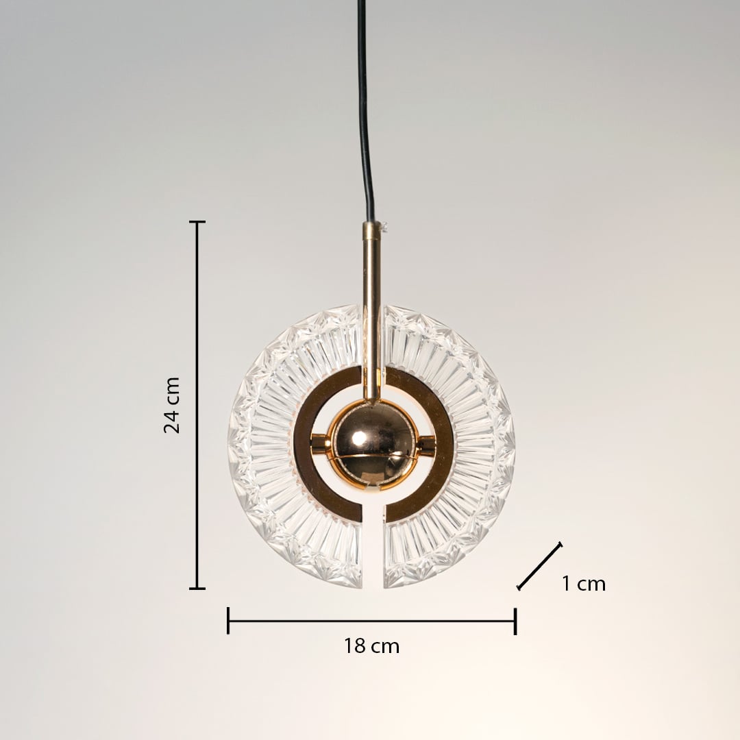Dimension image of clear ribbed glass pendant light with brass center showing 24.5 cm height and 18 cm width.