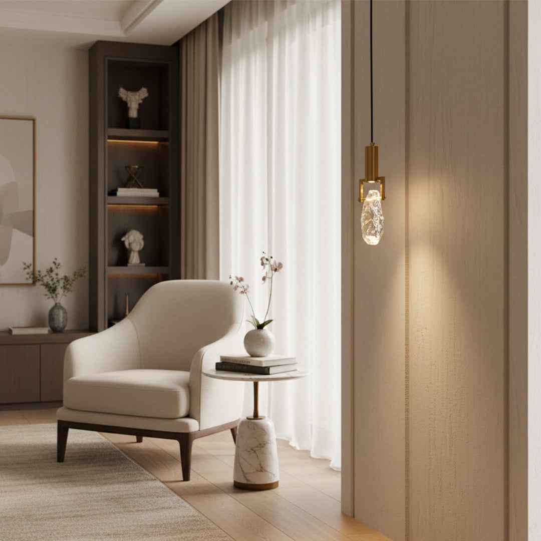 Gold metal pendant light suspended beside accent chair adding warm ambient lighting to a modern living room.