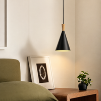 A modern black cone-shaped pendant light with a natural wood accent and a warm glowing light, hanging in a minimalist bedroom setting next to a wooden side table with a small potted plant.