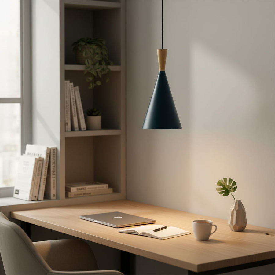 Modern cone shaped wooden top pendant lights in green red yellow and blue for dining room lighting decor.