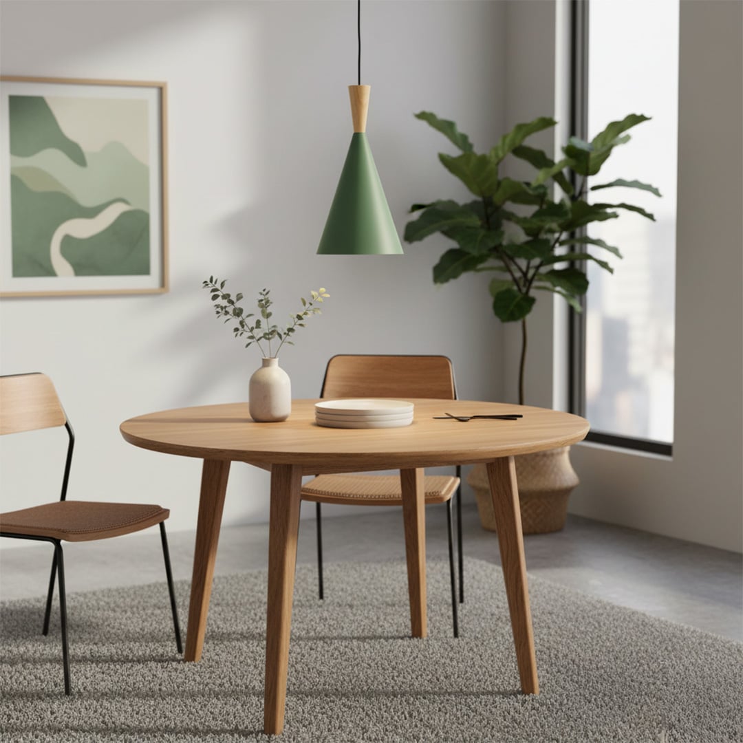 Green cone pendant light with wood detail above dining table creating fresh modern ambiance.