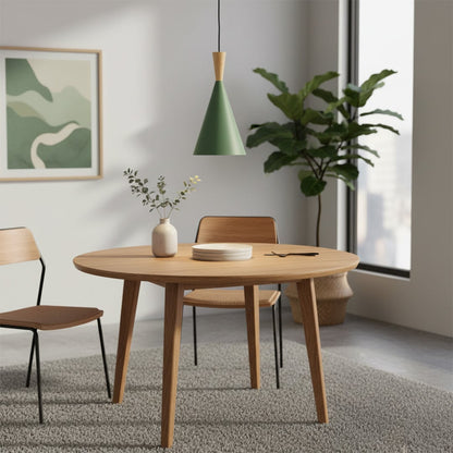 Green cone pendant light with wood detail above dining table creating fresh modern ambiance.