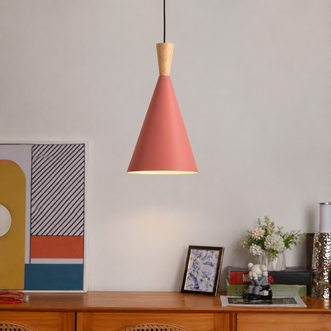 Wood Tip Pendant Lamp - Cone & Pink