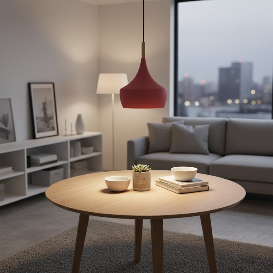 Grouped pendant lights in multiple colors including black green yellow red and blue with wooden top design.
