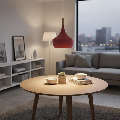 Grouped pendant lights in multiple colors including black green yellow red and blue with wooden top design.