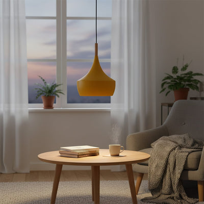 Mustard cone pendant light with wood detail adding warm contemporary charm to dining areas.