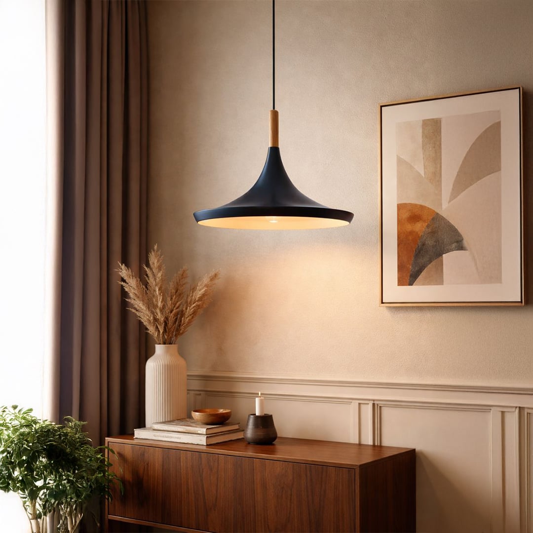 Blue wide shade pendant light with wood accent above sideboard creating cozy modern ambiance.